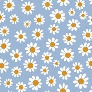 Joyful White Daisies - Small Scale - Light Blue Pastel Boho Cottagecore Daisy