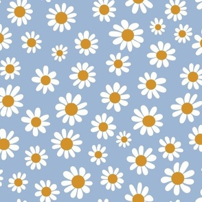 Joyful White Daisies - Medium Scale - Light Blue Pastel Boho Cottagecore Daisy