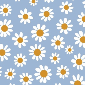 Joyful White Daisies - Large Scale - Light Blue Pastel Boho Cottagecore Daisy