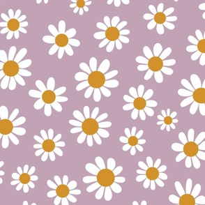 Joyful White Daisies - Large Scale - Light Purple Pastel Boho Cottagecore Daisy