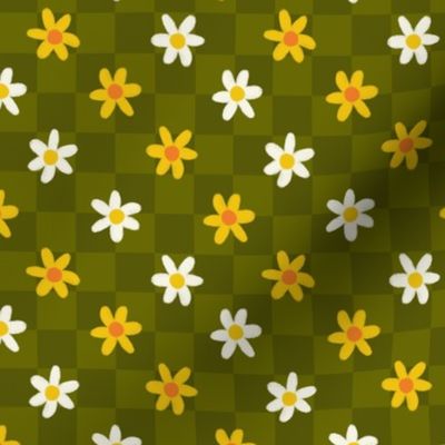 Trendy flowers and checks crazy daisy groovy florals in olive green