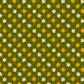 Trendy flowers and checks crazy daisy groovy florals in olive green