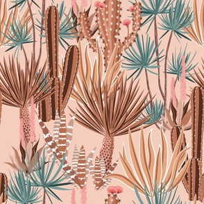 A Study of Desert Cactus Aloe Agave  and Yucca in Sandy Vintage Neutral Tones