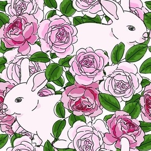 Pastel Pink and Magenta Watercolor Roses with Hand Drawn White Bunnies