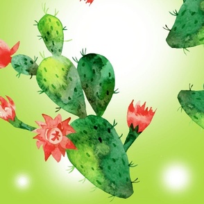 Artistic Watercolor Hand Painted Green Glow Prickly Pear Cactus Red Flower Cacti 