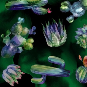 Artistic Night Watercolor Hand Painted Cacti Purple Tip Prickly Pear San Pedro Ball Hedgehog Cactus 