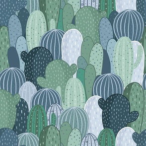 Artistic Hand Drawn Soft Serene Blue Green Cactus Garden Collage