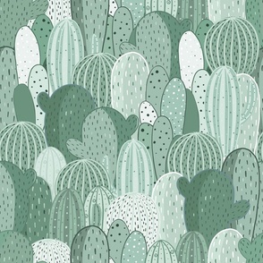 Artistic Hand Drawn Soft Serene Pastel Green Cactus Garden Collage