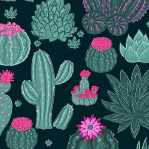 Glowy Teal Turquoise Hand Drawn Cacti with Bright Pink Magenta Cactus Flowers Novelty