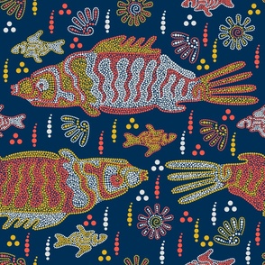 Artistic Aboriginal Abstract Poitillized Brushstroke Underwater Ocean Fish
