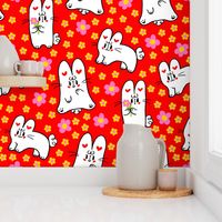 Cute Bunny Rabbits - Red Gold Pink