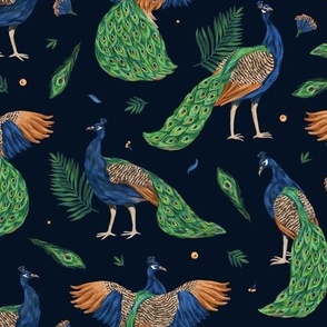 Peacocks on dark blue background