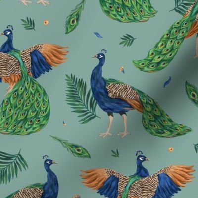 Peacocks on mint background