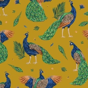 Peacocks on yellow background