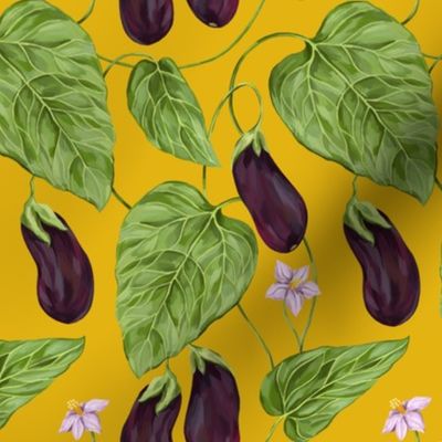 Blooming eggplant on a yellow background