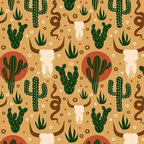 Wild West Cow Skulls Snakes and Cactus in the Desert Sun
