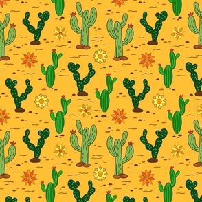 Sunny Seamless Cacti of the Arizona Desert with cactus and flowers