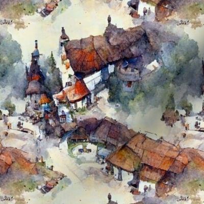 A fantasy village, watercolor