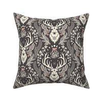 Christmas Deer with moon phases, mistletoe, ivy, pine cones and berries - Ivory and Rose Pink on Charcoal - large