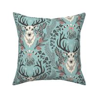 Retro Christmas deer with moon phases, mistletoe, ivy, pine cones and berries -charcoal, ivory and rose pink on light teal - large