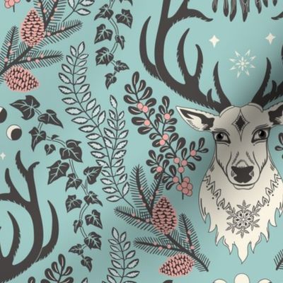 Retro Christmas deer with moon phases, mistletoe, ivy, pine cones and berries -charcoal, ivory and rose pink on light teal - large