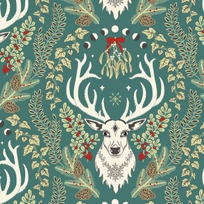 Retro Christmas deer with moon phases, mistletoe, ivy, pine cones and berries - light olive and poppy red on dark teal - jumbo