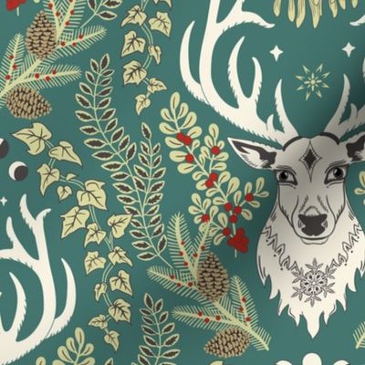 Retro Christmas deer with moon phases, mistletoe, ivy, pine cones and berries - light olive and poppy red on dark teal - large