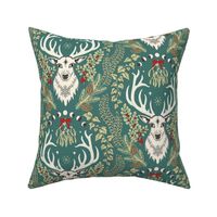 Retro Christmas deer with moon phases, mistletoe, ivy, pine cones and berries - light olive and poppy red on dark teal - large