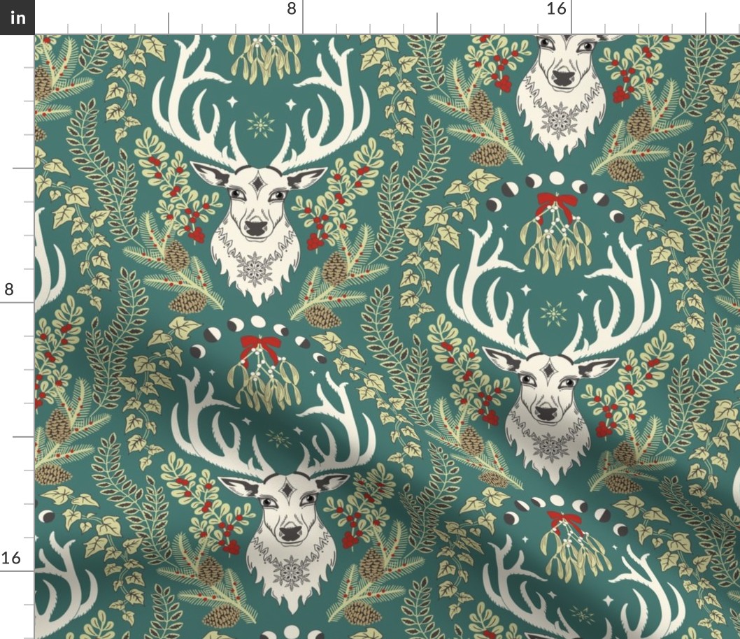 Retro Christmas deer with moon phases, mistletoe, ivy, pine cones and berries - light olive and poppy red on dark teal - large