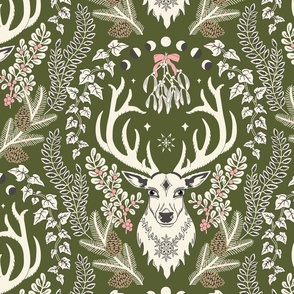 Retro Christmas deer with moon phases, mistletoe, ivy, pine cones and berries - ivory and rose pink, charcoal on khaki green - jumbo