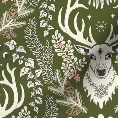 Retro Christmas deer with moon phases, mistletoe, ivy, pine cones and berries - ivory and rose pink, charcoal on khaki green - large