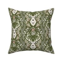 Retro Christmas deer with moon phases, mistletoe, ivy, pine cones and berries - ivory and rose pink, charcoal on khaki green - medium