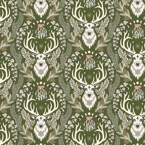 Retro Christmas deer with moon phases, mistletoe, ivy, pine cones and berries - ivory and rose pink, charcoal on khaki green - medium