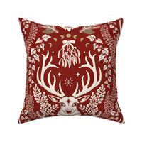 Retro Christmas deer with moon phases, mistletoe, ivy, pine cones and berries - ivory and dark ivory/gold on dark poppy red - jumbo