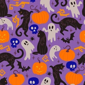 Halloween Black Cats with Pumpkins and Ghost 