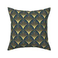 Art Deco Geometric Flowers - Metallic Gold + Navy Blue