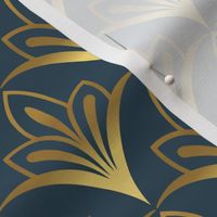 Art Deco Geometric Flowers - Metallic Gold + Navy Blue