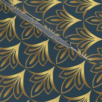 Art Deco Geometric Flowers - Metallic Gold + Navy Blue