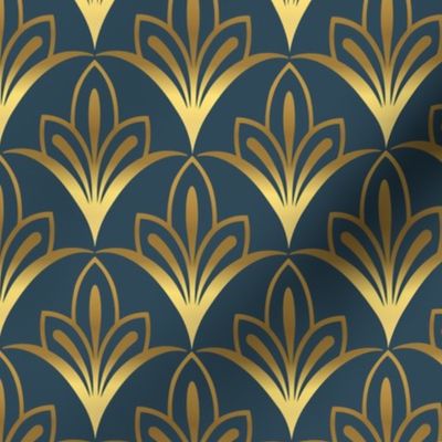 Art Deco Geometric Flowers - Metallic Gold + Navy Blue