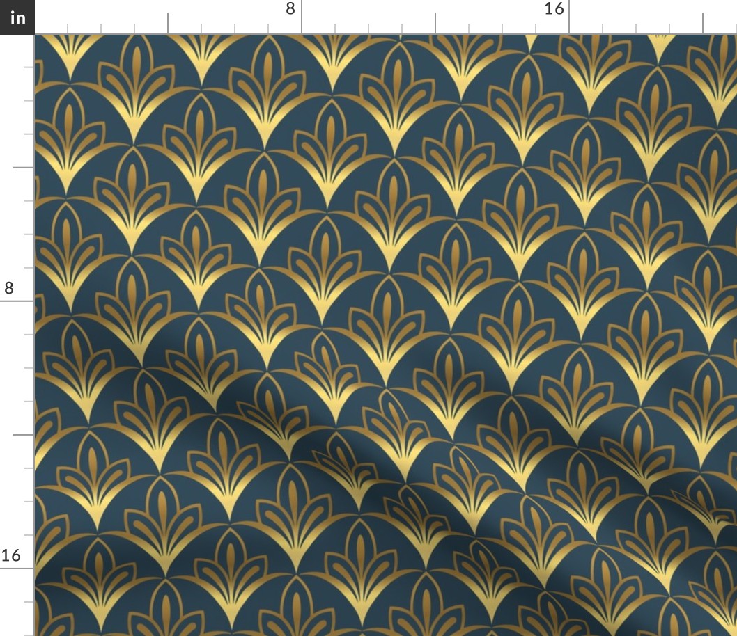 Art Deco Geometric Flowers - Metallic Gold + Navy Blue