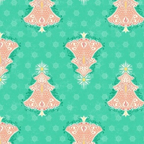 Christmas Tree Damask Mint and Coral - Large