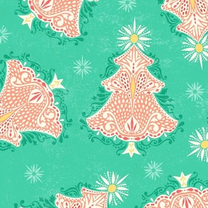 Christmas Tree Damask Ditsy Mint and Coral - XL