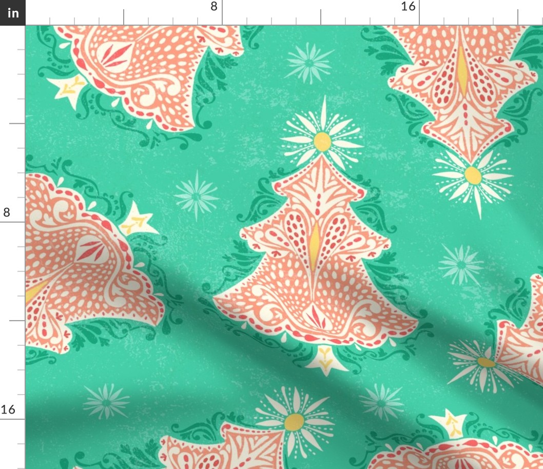 Christmas Tree Damask Ditsy Mint and Coral - XL