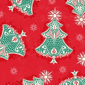 Christmas Tree Damask Ditsy Festive Red - XL