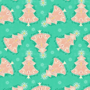 Christmas Tree Damask Ditsy Mint and Coral - Large