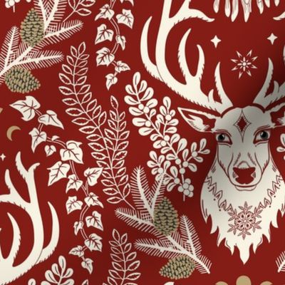 Retro Christmas deer with moon phases, mistletoe, ivy, pine cones and berries - ivory and dark ivory/gold on dark poppy red - large