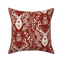 Retro Christmas deer with moon phases, mistletoe, ivy, pine cones and berries - ivory and dark ivory/gold on dark poppy red - large