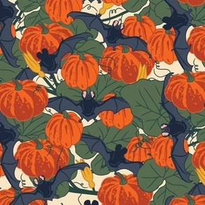 Small Art Nouveau Halloween Bats in a Pumpkin Patch