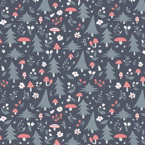 12" Woodland nursery print in bluish grey, pink and white