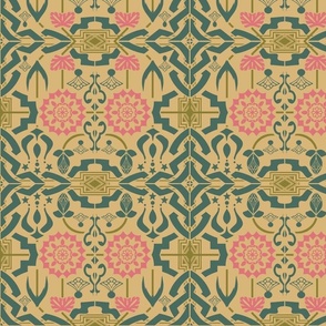 Art Deco Twist of flowers - Maize, green  and pink 